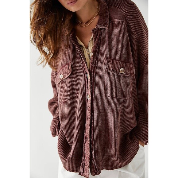 Free People FP One Scout Jacket Top Waffle Knit Buttondown Oversized M 281572 - Picture 2 of 8